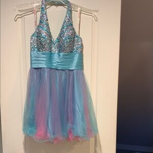 Sequin Halter Dress in Blue and Pink